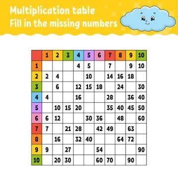 Paste the missing numbers. Learning multiplication table. Handwriting practic Illustrazione stock
