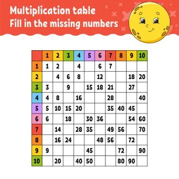 Paste the missing numbers. Learning multiplication table. Handwriting practic Stock Illustration