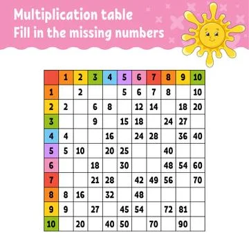 Paste the missing numbers. Learning multiplication table. Handwriting practic Stock Illustration