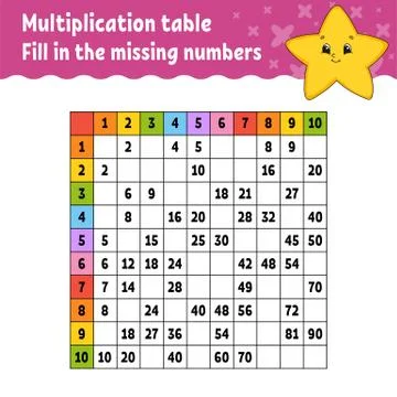 Paste the missing numbers. Learning multiplication table. Handwriting practic Stock Illustration