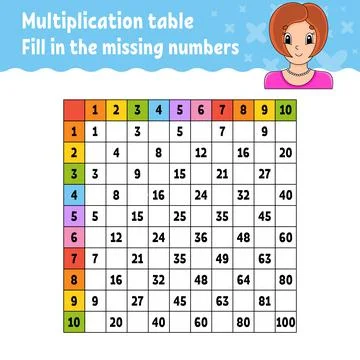 Paste the missing numbers. Learning multiplication table. Handwriting practic Stock Illustration