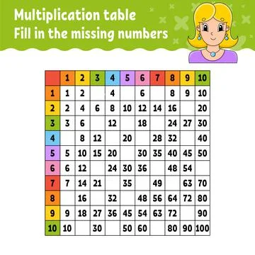 Paste the missing numbers. Learning multiplication table. Handwriting practic Stock Illustration