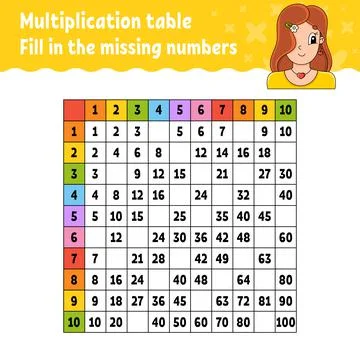 Paste the missing numbers. Learning multiplication table. Handwriting practic Stock Illustration