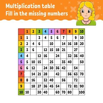 Paste the missing numbers. Learning multiplication table. Handwriting practic Stock Illustration