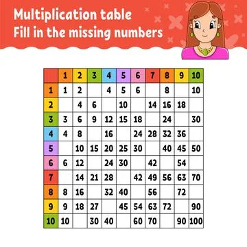 Paste the missing numbers. Learning multiplication table. Handwriting practic Stock Illustration