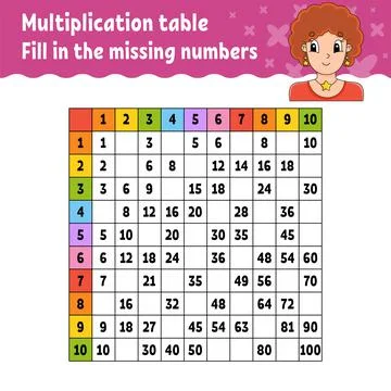 Paste the missing numbers. Learning multiplication table. Handwriting practic Stock Illustration