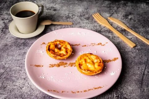 Pasteis de nata, typical sweet from Lisbon, Portugal, several pastries on a.. Stock Photos