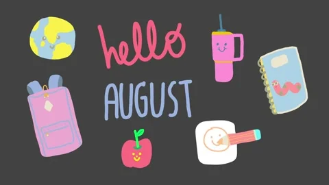 Pastel animation of back-to-school items with “hello August” text Stock Footage 314308765