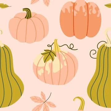 Pastel Autumn Pumpkin Seamless Pattern on Pale Pink Background Stock Illustration