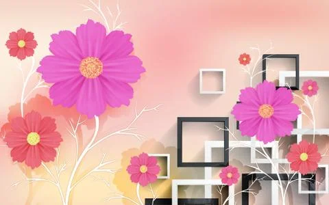 Pastel background, rectangular frames, multi-colored large flowers Stock Illustration