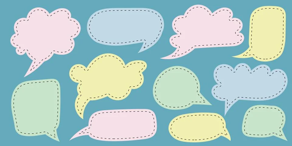 Pastel Blank Speech Bubble Set with Dashed Stitched Borders Stock Illustration