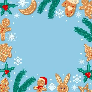 Pastel blue background with snowflakes, gingerbreads, holly and fir twigs. .. Stock Illustration
