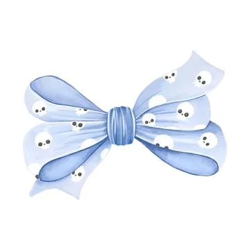 Pastel Blue Ribbon Bow with Mini Skulls Pattern Hand Drawn Cute Spooky Deco.. Stockillustratie
