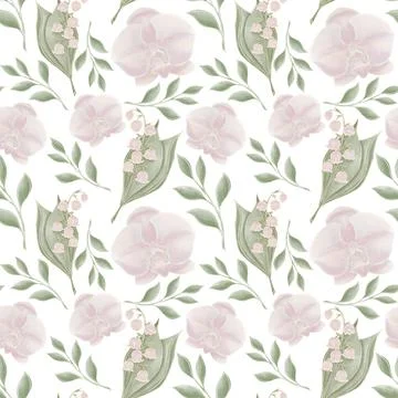 Pastel, botanical, seamless pattern of illustrations of orchid flowers, lily Stock Illustration