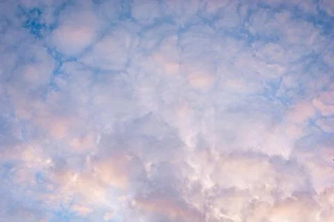 Pastel clouds at sunset over soft blue sky with cottony texture and warm light Foto stock