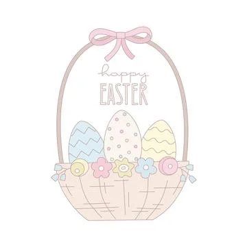 Pastel color Easter vector illustration with basket, eggs, flowers, lettering Stock Illustration