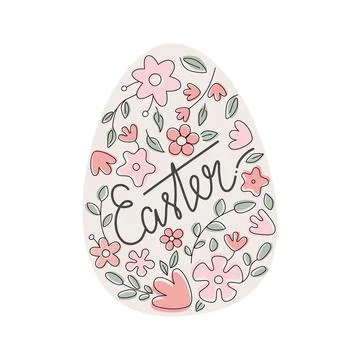 Pastel color flowers patterned easter egg with lettering. Template for card Illustrazione stock