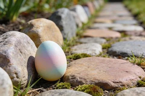 A pastel-colored Easter egg rests on mossy ground beside a stone path 스톡 사진
