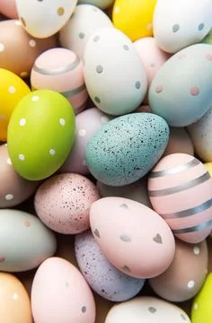 Pastel colored easter eggs with various patterns 写真素材