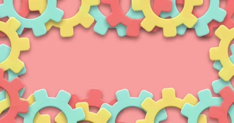 Pastel-Colored Interlocking Gears Forming a Border on Pink Background Stock Footage 297536746