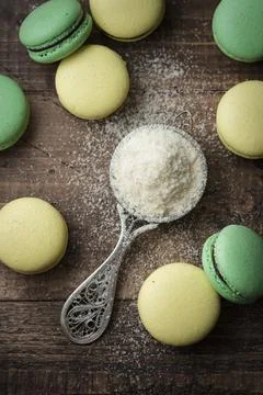Pastel colored macaroons on a dark background Stock Photos