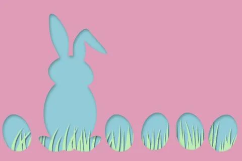Pastel colored minimal easter design with easter bunny, easter eggs and grass Stock Illustration