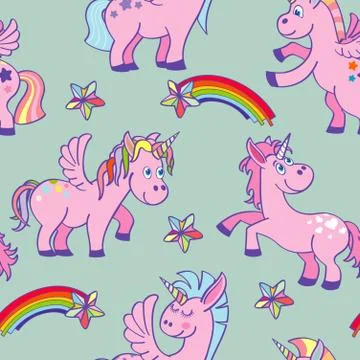 Pastel colored vector hand drawn unicorns seamless pattern Illustrazione stock