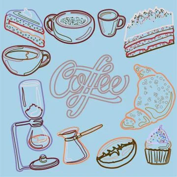 Pastel colors linear vector coffee set for web and printing. 스톡 일러스트