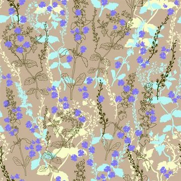 Pastel colors seamless pattern with wild grasses in flat style on craft paper. Stock Illustration