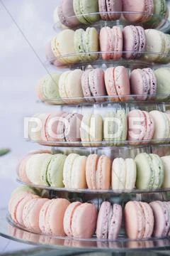 Pastel-Coloured Macaroons On A Multi-Tiered Stand