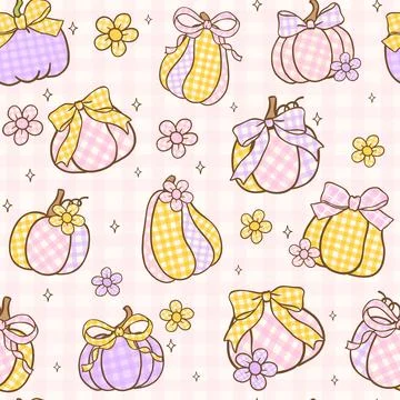 Pastel Coquette Fall Seamless Pattern Gingham Preppy Pumpkins with ribbon b.. Illustrazione stock