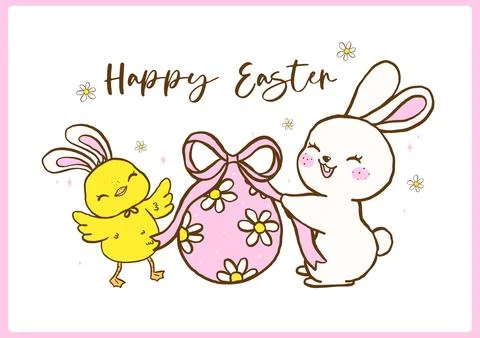 Pastel Coquette Spring Easter Bunny and baby chicken with Egg, Cute Festive.. Stock Illustration