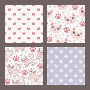 Pastel cute cats seamless pattern set with kittens paws and hearts Stock Illustration