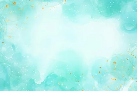 Pastel cyan mint liquid marble watercolor background with gold glitter brush Stock Illustration