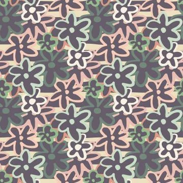 Pastel dark seamless pattern with abstract flowers. Contoured daisy silhouett イラスト素材