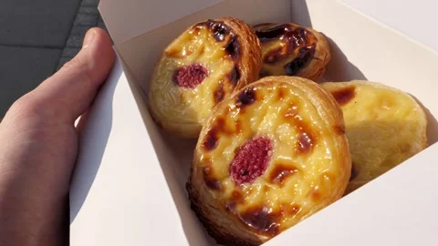 Pastel de belem box - the perfect travel snack in Europe, Portugal Stock Footage 305603739