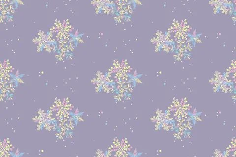 Pastel delicate winter seamless pattern. Snowflakes on a lilac background. Stock Illustration