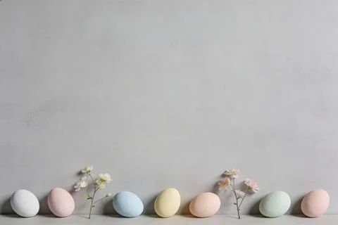 Pastel Easter eggs and delicate flowers arranged on a neutral gray background Stock Photos