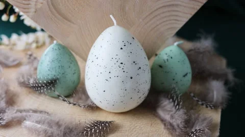 Pastel Easter eggs and feathers on a wooden background and blossoming plum Stock Footage 269397282