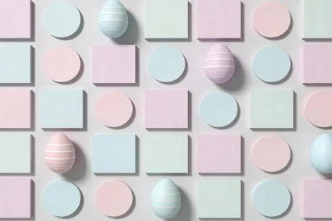Pastel Easter eggs and geometric shapes arranged in a grid pattern Stock Photos