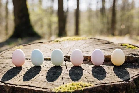 Pastel Easter eggs arranged in a row on a mossy tree stump in a forest Stock Photos