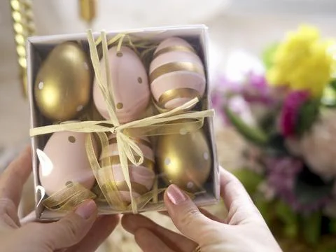 Pastel Easter Eggs in Decorative Gift Box Stock Photos