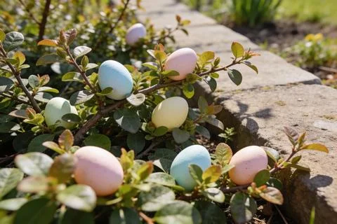 Pastel Easter eggs hidden among green leaves in a sunny garden setting Stock Photos