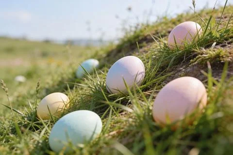 Pastel Easter eggs hidden in green grass on a sunny spring day Foto stock