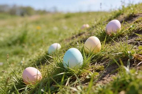 Pastel Easter eggs hidden in green grass on a sunny spring day Stock Photos