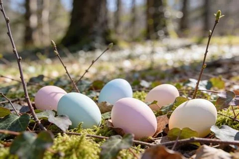 Pastel Easter eggs hidden in mossy forest floor with delicate spring branches 스톡 사진