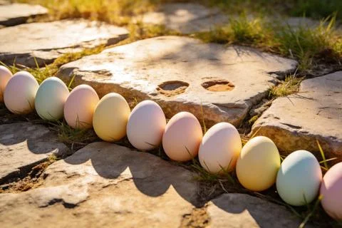 Pastel Easter eggs lined up on a stone path in warm sunlight Stock Photos