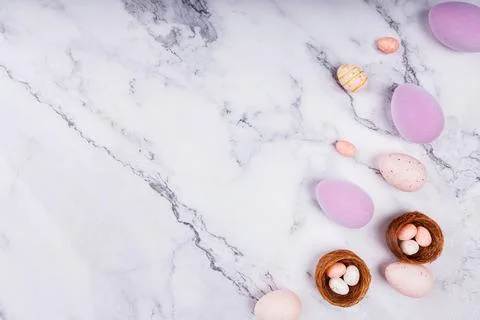 Pastel Easter Eggs on Marble Background Stock Photos