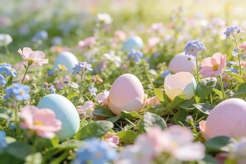 Pastel Easter eggs nestled among blooming wildflowers in a sunlit meadow Stock Photos
