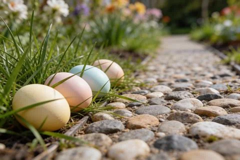 Pastel Easter eggs nestled in grass beside a stone garden path Stock Photos